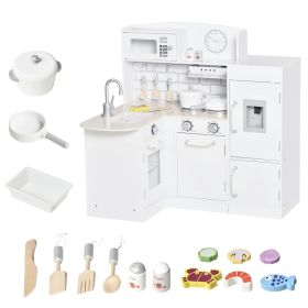 Toy Kitchen Set with Drinking Fountain,Microwave, Fridge and Accessories, Kids Pretend Play Kitchen Set with Safe Material, White