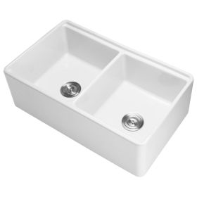 33x20 inch Farmhouse Sink, White Sink Workstation, Fireclay Undermount Basins, Apron Front Double Bowl Basin with Multiple Accessories