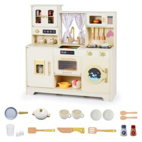 Beige Wooden Kids Play Kitchen with Rotatable Faucet & 14 Accessories,Pretend Cooking Set for Toddlers 3+