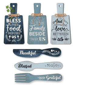 6pcs Kitchen Wall Decor Bless Food Sign Set Wall Table Accessories Wooden Pendant Decorations Mini Plaque Fork Spoon Shape Sign Rustic Style Home