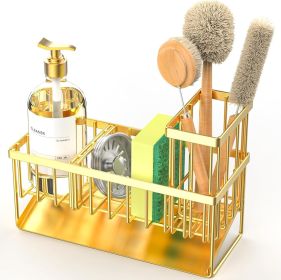 Gold Kitchen Sink Caddy Organzier with High Brush Holder, Sponge Holder for Sink, 304 Rustproof Stainless, Kitchen Countertop Soap Dispenser Orga