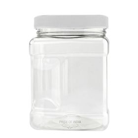Pride Of India | Clear Food Grade PET Plastic Square Grip Storage Jar w/Cap 6 Jar Pack - 32 FL OZ (3-4 Cup Storage Capacity) | Airtight Seal & Ea