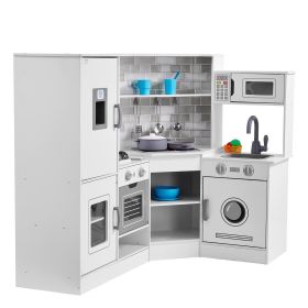 Corner Wooden Play Kitchen, Toy Set with Lights and Sounds, Toddler Kitchen with Ice Maker, Oven, Sink, Clock, Microwaves