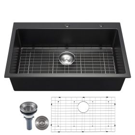 33 inch Kitchen Sink Workstation, Top Mount Granite Sinks, Drop-In Single Bowl Farmhouse Basin with Multiple Accessories