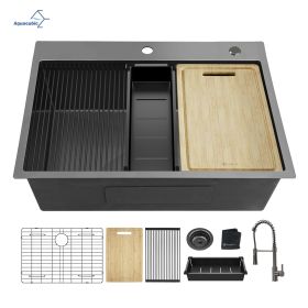 Aqucubic Gunmetal Black CUPC Handmade 304 Stainless Steel Topmount Kitchen Sink with Accessories and faucet (Color: ACS3022A1T-FW, Thickness: 18 Gauge)